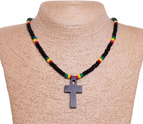 BlueRica Black Wood Ankh Pendant on Rasta Coconut Shell Beads Necklace (18")...