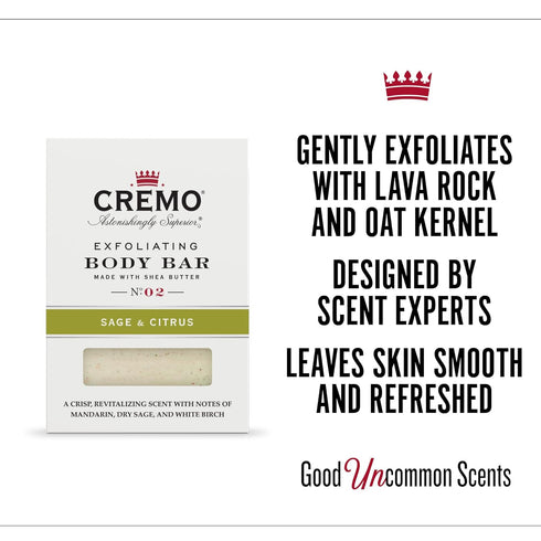 Cremo Exfoliating Body Bars Sage & Citrus - A Combination of Lava Rock and Oat Kernel Gently Polishes While Shea Butter Leaves Your Skin Feeling S...
