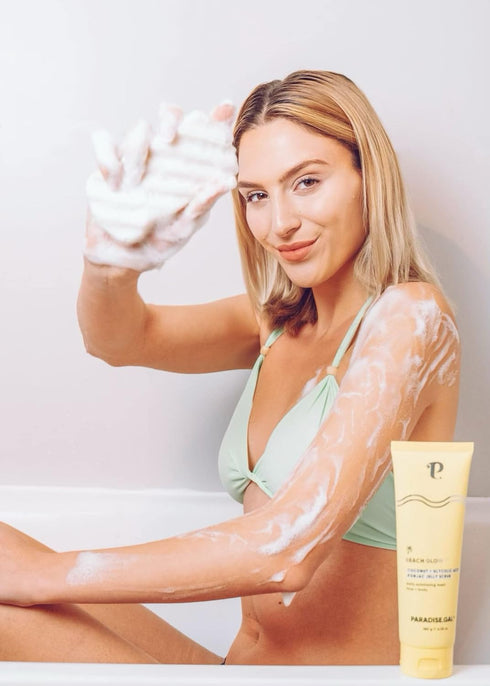 Gentle Exfoliating Scrub for Face & Body by ParadiseGal - Korean Skincare Set with Coconut & Glycolic Acid Jelly Scrub + Konjac Sponge & Bag - Ide...