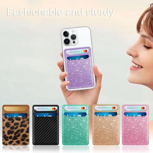 Self Adhesive Card Holders for Back of Phone, Leather RFID Phone Wallet Pockets Stick On, Credit Card Holders Sleeve for Phone Case, Glitter Purpl...