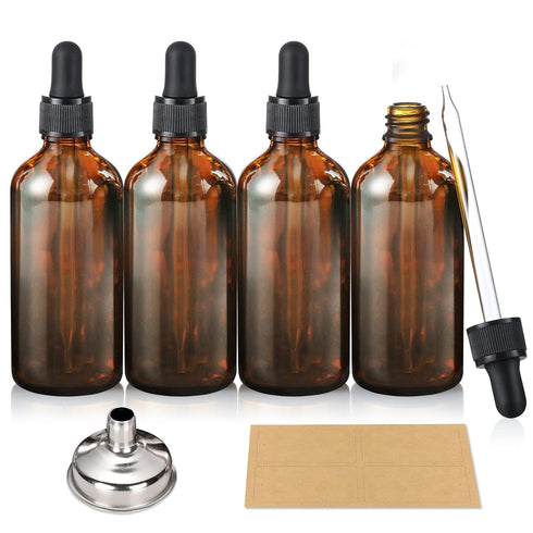 AOZITA 4 Pack, 100ml Dark Amber Dropper Bottles with 1 Funnels & 4 Labels - 3.4oz Brown Glass Tincture Bottles with Eye Droppers for Essential Oil...