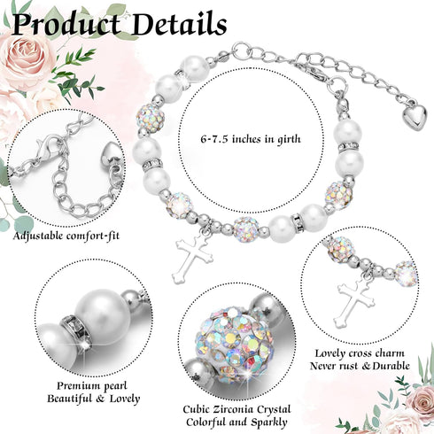 12 Pcs Christian Gifts for Women Men Baptism Gifts Cross Bracelet Rhinestone Charm Pearl Bracelet Religious Catholic Gifts Christian Religious Cro...