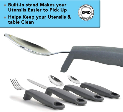 KMD Adaptive Utensils Set with Weighted and Self-Standing Handles (4-Piece), Fork, Knife, and 2 Spoons for Arthritis, Parkinson’s, Tremors, Elderl...