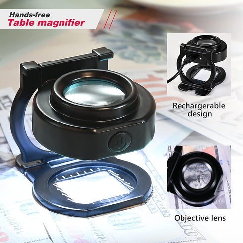 25X Loupe Magnifier with 6 Light, USB Rechargeable Three-Folding Desktop Portable Metal Eye Loupe Scale Sewing Magnifing Glass for Textile Optical...