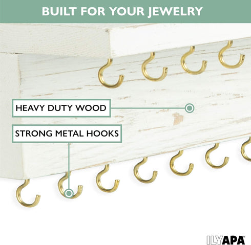 Ilyapa Wall Mounted Jewelry Organizer Shelf, Rustic White Wood - Necklace Holder, Earring and Bracelet Hanger Rack...