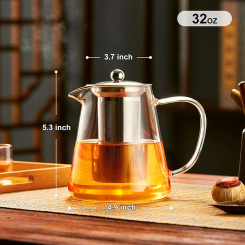 PARACITY Glass Teapot Stovetop 32 OZ, Borosilicate Clear Tea Kettle with Removable 18/8 Stainless Steel Infuser, Teapot Blooming and Loose Leaf Te...