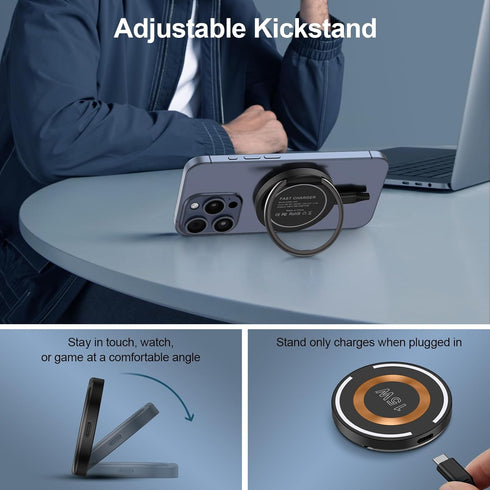 Magnetic Wireless Charger Pad, 2 Pack15W MagSafe Charger Fast Charging Kick Stand Phone Holder for iPhone 15/15 Pro/15 Plus/15 Pro Max/14 13 12,Sa...