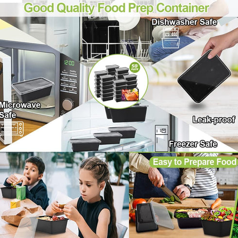 50-Pack Food Prep Containers, 1000ML/ 34 OZ Microwavable Food Storage Containers with Lids, Reusable Plastic lunch Containers Lunch Boxes- Stackab...
