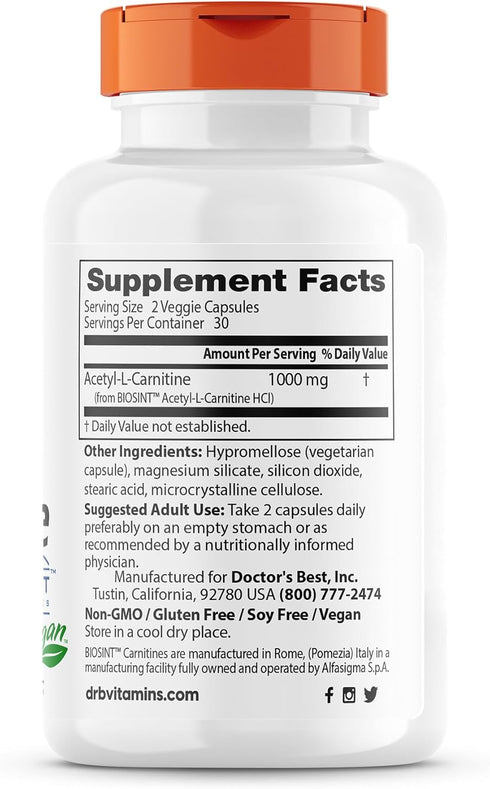 Doctor's Best Acetyl L-Carnitine, Help Boost Energy Production, Support Memory/Focus, Mood, Non-GMO, Vegan, Gluten Free...