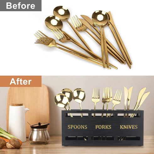 Ayiaren Wooden Cutlery Silverware Holder Flatware Utensil Caddy Black Utensil Holder for Kitchen Counter Wood Silverware Caddy Organizer for Table...