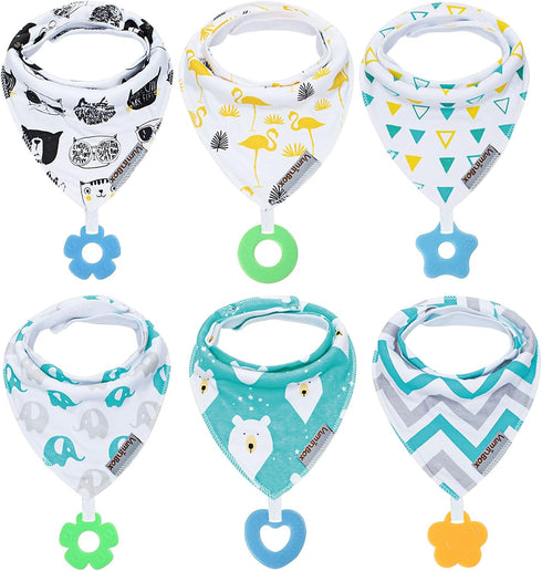 Baby Bandana Drool Bibs 6-Pack and Teething Toys 6-Pack Made with 100% Organic Cotton, Absorbent and Soft Unisex...