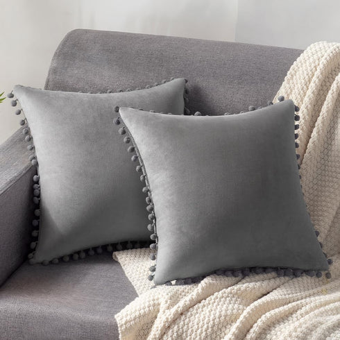 DEZENE Decorative Pillow Cases 22x22 Light-Grey: 2 Pack Cozy Soft Pom-poms Velvet Square Throw Pillow Covers for Farmhouse Home Decor...