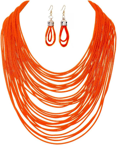 COLORFUL BLING African Multicolor Layered Chunky Bib Necklace for Women Tassel Wax Line Choker with Earrings Statement Jewelry Set...