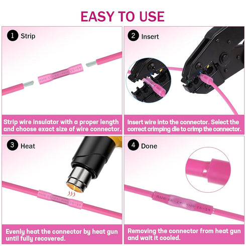 Kuject 220PCS Pink Heat Shrink Butt Connectors 22-16 Awg, Tinned Copper Crimp Electrical Wire Connectors, Insulated Waterproof Butt Splice Termina...
