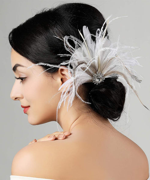 Bridal 1920s Flapper Feather Hair Clip Pin Crystal White Feather Roaring 20s Headpiece Prom Party Festival Hair Jewelry for Women...