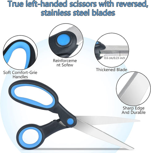 Left Handed Scissors for Adults Kids Student, 8 Inch Lefty Stainless Steel Sharp Blade Soft Comfort-Grip Handles Blunt Scissors, 2-Pack, Black/Blu...