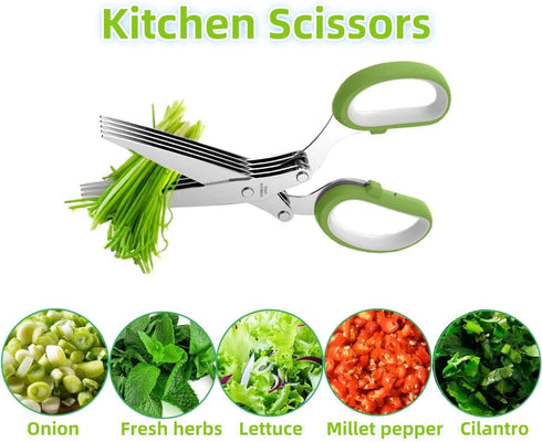 Herb Scissors and Food Containers Set Stainless Steel 5 Blade Cover kitchen Shears for Onion Cilantro Lettuce- 2pcs Containers Keep Fresh...