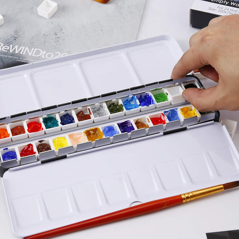 MYARTOOL Empty Watercolor Palette, Metal Empty Watercolor Tin Palette Paint Case with 24 PCS Empty Half Pans for DIY Travel Watercolor Palette, Ac...