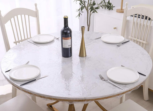 Clear Round Vinyl Fitted Tablecloth Waterproof Oilcloth Heavy Duty Elasticized Table Cover Elastic Edge Design Plastic Tablecloth Protector for Ro...