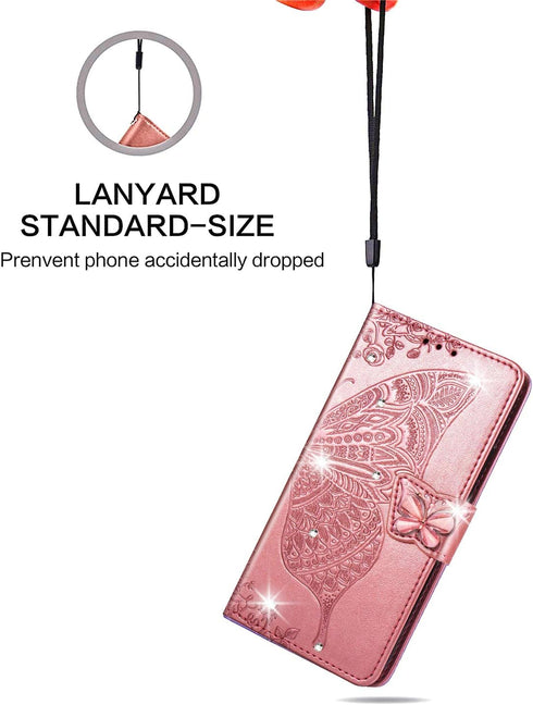 ZYZX Samsung Galaxy Note 20 Ultra Wallet Case, Rhinestone Rose Gold, Butterfly Flower Design, PU Leather, Flip Case with Card Slots, Magnetic Buck...