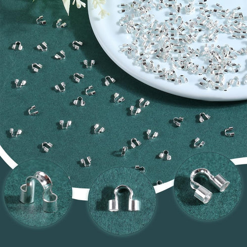 1 Box 600Pcs Silver Wire Guard Loops Guardian Wire Protector Jewelry Brass Double Holes U Shaped Thread Protectors for Jewelry Making Necklaces Br...