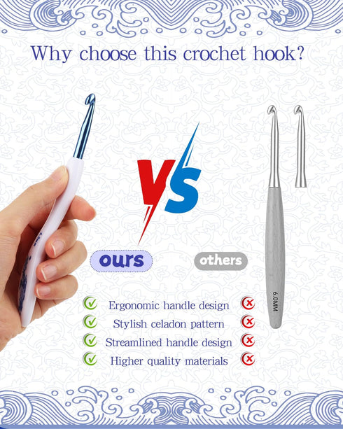 Coopay 8pcs Crochet Hook, Blue & White Porcelain Pattern Ergonomic Handle Crochet Needles for Crocheting, Anti-Slip Design and Premium Material, I...