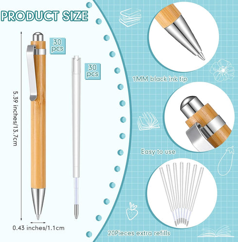 Fainne Bamboo Pens Bulk Wood Natural Engraving Retractable Bamboo Pen with Extra Black Ink Refills Ballpoint Pen Journaling Pen(30 Pcs)...
