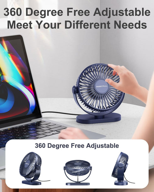 SWEETFULL USB Desk Fan Small Quiet - 3 Speeds Mini Personal Portable Fan 360° Rotation Adjustable, 5 Inch Office Table Cooling Gadgets on Desktop ...