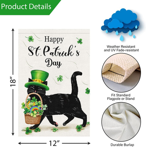 Louise Maelys Welcome St. Patrick's Day Garden Flag 12x18 Double Sided Vertical, Burlap Small Spring Black Cat Yard Flag Banner Shamrock Clover Si...