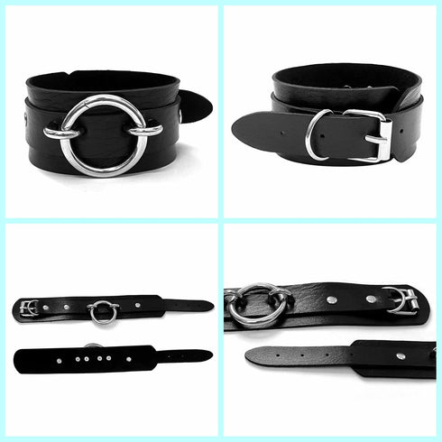 Men's Black Wide Faux Leather Collar Choker Adjustable Thick PU Necklace for Women,Alloy Metal Big Round Ring Charm...