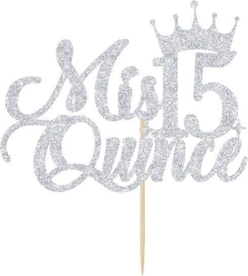 Mis Quince 15 Cake Topper, Cheers to 15 Years, 15th Birthday Cake Decor, Happy 15th Birthday Decorations Silver Glitter...