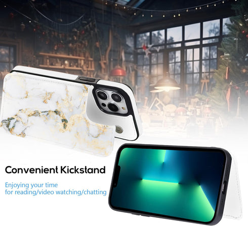 White Golden Marble Case Compatible with iPhone 13/12 Pro Max Flip Wallet Case with Card Holder Kickstand Slim Fit Sleeve with Card Slots Protecti...