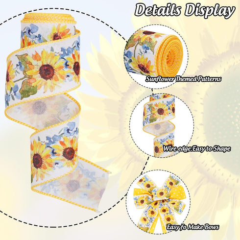 AnyDesign Sunflower Dot Wired Edge Ribbon Yellow White Craft Ribbon Summer Floral Fabric Ribbon for DIY Crafts Wreath Bow Making Wrapping Party De...