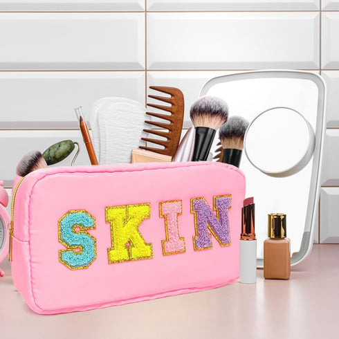 Pink Preppy Patches cosmetic Bag Nylon Makeup Pouch with Chenille Varsity Letter Skin Patch,Makeup Bag Stuff Travel small Toiletry Bag for Women G...