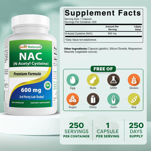Best Naturals NAC - N Acetyl Cysteine 600 mg 250 Capsules - n Acetyl cysteine - Powerful antioxidant...