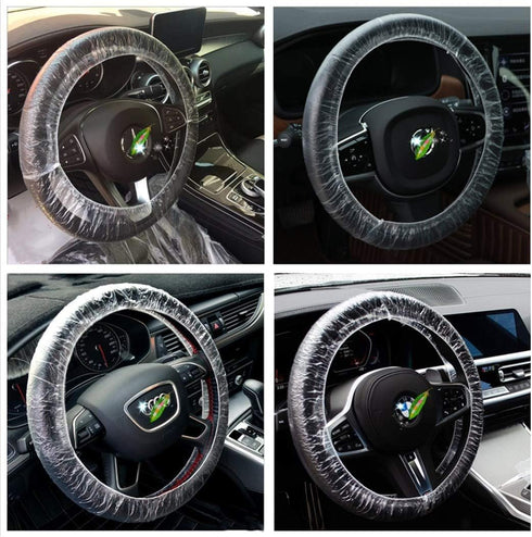 Universal Disposable Steering Wheel Cover with 100 Disposable Steering Wheel Covers and 100 Disposable Gearbox Covers with Elastic Decorative Stri...