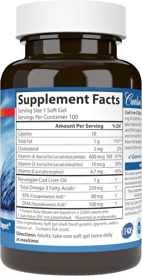 Carlson - Cod Liver Oil, Super 1000 mg + Vitamins A & D3, Wild Norwegian, Sustainably Sourced, 100 Softgels...