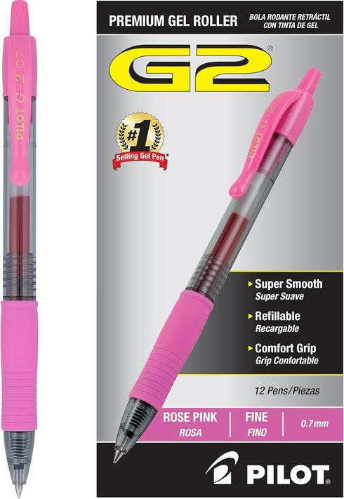 PILOT, G2 Premium Gel Roller Pens, Fine Point 0.7 MM, Rose Pink, Pack of 12 (Dozen Box)...