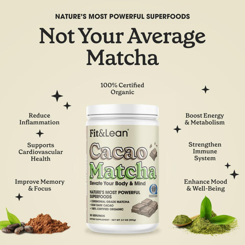 Fit & Lean Cacao Matcha Green Tea Powder, Organic, Japanese Ceremonial Grade, Superfood, Antioxidants, Energy, Mood,105 Grams, 30 Servings...