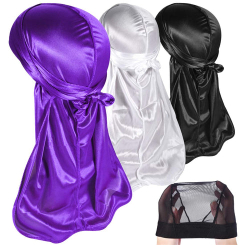 ROYBENS 3PCS Silky Durags Pack for Men Waves, Satin Doo Rag, Award 1 Wave Cap,Q...