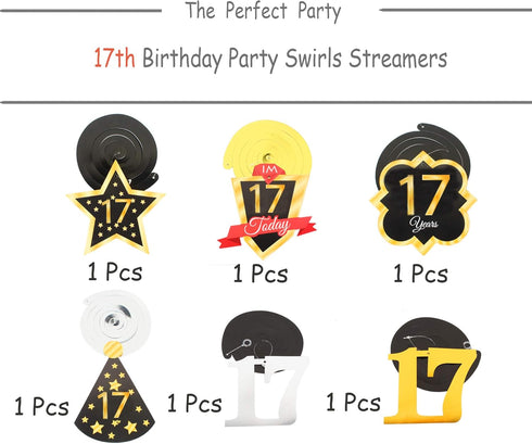 LINGTEER Happy 17th Birthday Decorations - 12 Pcs Birthday Black & Gold Foil Swirls Streamer Set,Cheers to Seventeen Years Old Bday Party Gift Dec...