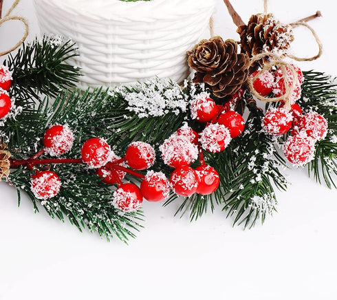 Puluole 10 Pcs Red Berries Pine Cones for Crafts - Evergreen Artificial Pine Branches Holly Stem,Christmas Tree Picks and Sprays,Artificial Flower...
