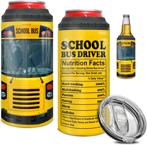 School Bus Driver Gifts 4-in-1 Can Cooler Tumbler Stainless Steel Insulated Coffee Travel Mug Cup with Lid...