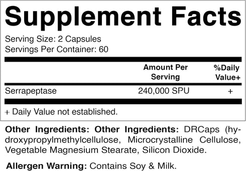 Vitamatic Serrapeptase 240,000 SPU Servings, 120 Delayed Released Capsules - Enteric Coated - Proteolytic Enzyme for Sinus, Respiratory & Joint- N...