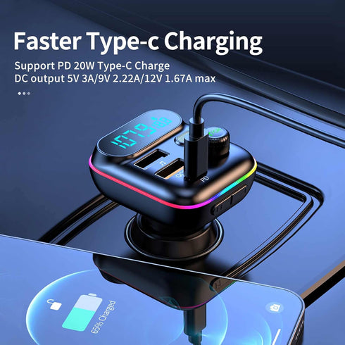 Bluetooth Adapter for Car, Wireless FM Radio Transmitter, Wireless Bluetooth 5.0, MP3 Music Player, QC3.0 + PD 20W USB Car Charger, 7 Colors LED B...