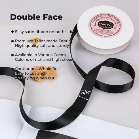 VATIN Double Face Black Satin Ribbon 5/8" Continuous 25 Yards,Black Polyester Fabric Ribbon use for Bows Bouquet, Gift Wrapping, Floral Arrangemen...