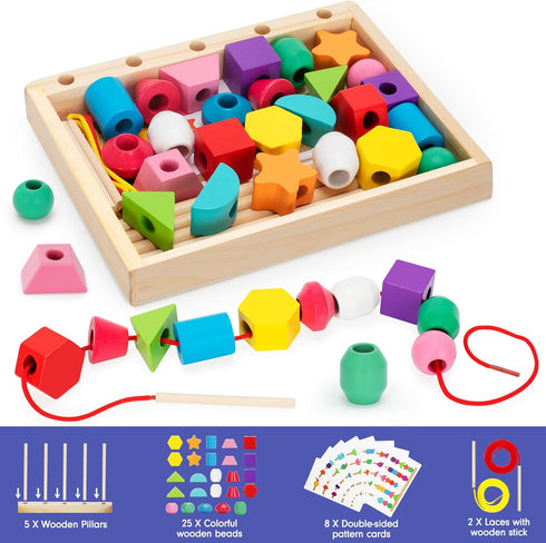 Montessori Wooden Lacing Beads Toys for 2 3 4 Year Old Toddler Kids, Sequencing & Stacking Block Toy with Storage Box, STEM Preschool Learning Toy...