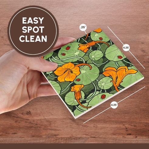 3dRose Art Nouveau Orange Nasturtium Flowers with Ladybirds - Ceramic Tile Coasters, Set of 4 (CST_216475_3)...