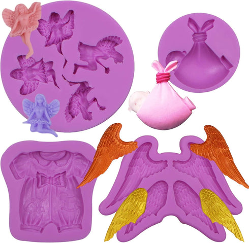Baby Shower Cake Decor Chocolate Silicone Molds, Angel Wings Fondant Mold for Baking Cupckae Toppers, Baby Birthday Candy Resin Set of 4...
