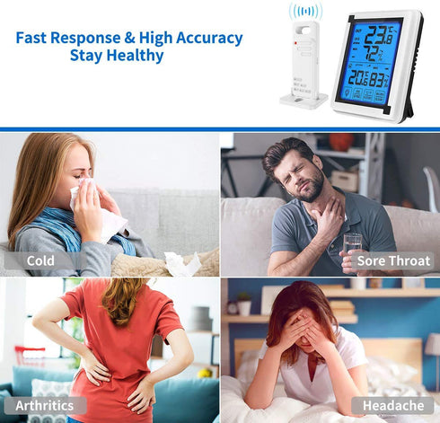 Number-one Indoor Outdoor Thermometer Humidity Monitor, Wireless Digital Hygrometer Humidity Temperature Sensor Large Touchscreen Backlight, Humidity Gauge Meter Cold Resistant Weatherproof